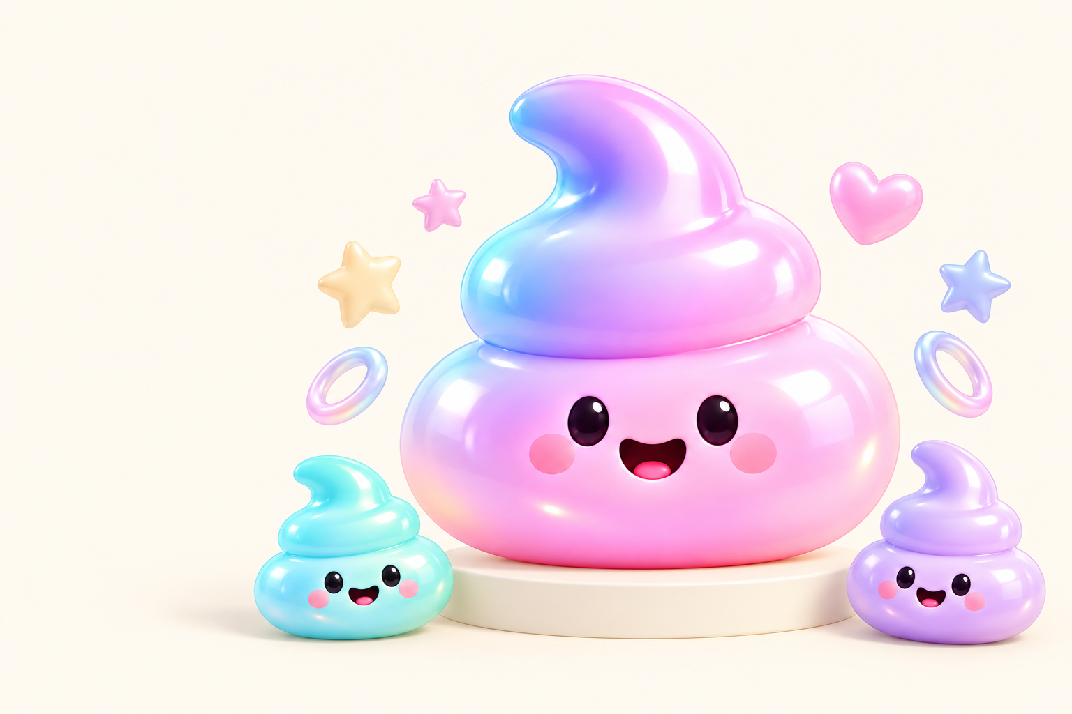 つやつやのピンク、ミント、ラベンダーのPooたちが集まった、カラフルで小さな世界